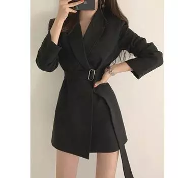 Осень-зима женские пиджаки и куртки с поясом черная тонкая офисная женская рабочая одежда S чёрный
