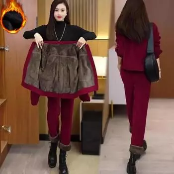 Осень-зима женские повседневные брюки костюмы толстые вельветовые комплекты модные бархатные теплые короткая куртка + шаровары комплект из двух предметов XXXXL чёрный