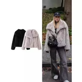 Осень-зима женские повседневные куртки из искусственного меха модная уличная одежда однотонные свободные отложной воротник элегантные толстые пальто S чёрный