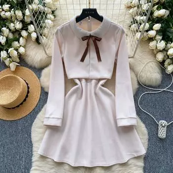 Осень-зима Женские повседневные однотонные шерстяные мини-короткие платья с воротником Питер Пэн S абрикосовый