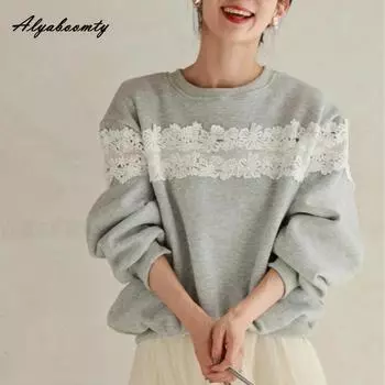 Осень-зима Женские повседневные свободные толстовки с капюшоном с круглым вырезом Черно-серые кружевные пэчворк уличные свитера Элегантный женский базовый топ с длинными рукавами One Size