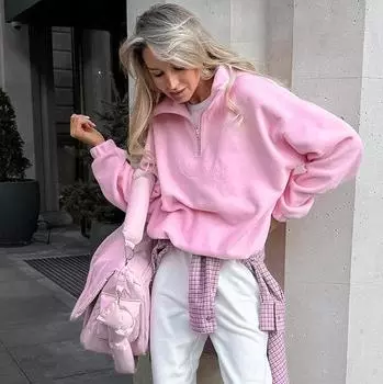 Осень-зима Женские пуловеры на молнии Топы Уличная одежда Длинные рукава Толстовки Дамы L розовый