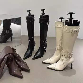 Осень-зима женские сапоги до колена модные узкие длинные сапоги с пряжкой на поясе тонкие женские туфли с острым носком на высоком каблуке 35