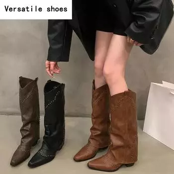 Осень-зима женские сапоги до колена в стиле ретро, рыцарские сапоги в стиле вестерн, остроносые туфли на квадратном каблуке для женщин 35