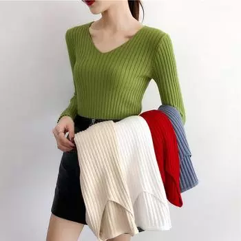 Осень-зима женские свитера повседневные тонкие узкие длинные рукава трикотажные пуловеры с V-образным вырезом свитера женские базовые однотонные трикотажные топы модная одежда one size чёрный