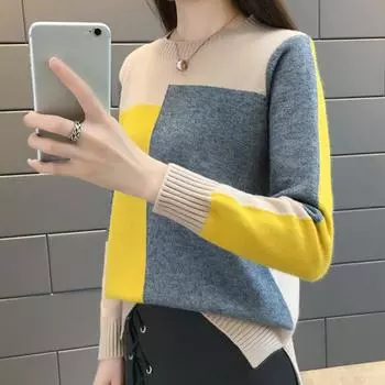 Осень/Зима Женские свитера с цветными блоками Пуловеры Трикотажные изделия Длинные рукава Круглый вырез Топы Трикотажные изделия стретч Джемперы Верхняя одежда S белый