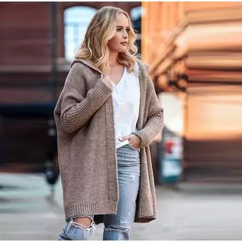 Осень-зима женские свитера с капюшоном с длинным рукавом длинные вязаные свободные женские кардиганы свитера S чёрный
