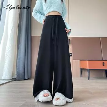 Осень Зима Женские Свободные Широкие Вязаные Брюки на Кулиске Черные Бежевые Розовые Вязаные Прямые Брюки Кружевная Отделка Теплые Брюки One Size