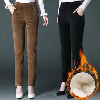 Осень-зима женские теплые утепленные леггинсы больших размеров верхняя одежда свободные прямые вельветовые брюки XXXL чёрный