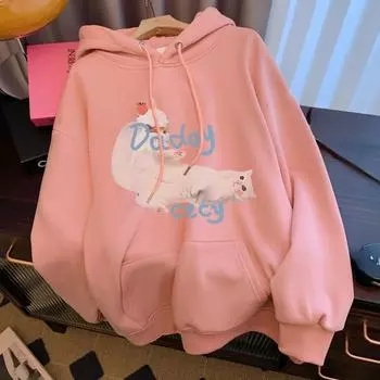 осень зима женские толстовки harajuku повседневные мультяшные коты принт с капюшоном толстовка свободного покроя спортивные топы пуловеры одежда в стиле K pop M