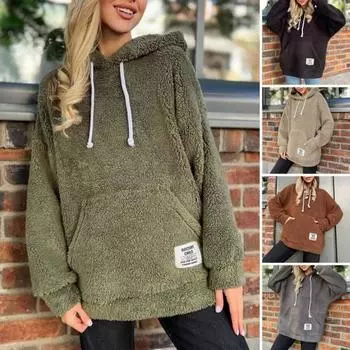 Осень-зима женские толстовки с большим карманом и длинными рукавами пуловер плюшевые топы модные однотонные пальто с капюшоном на шнурке повседневная женская толстовка XL чёрный