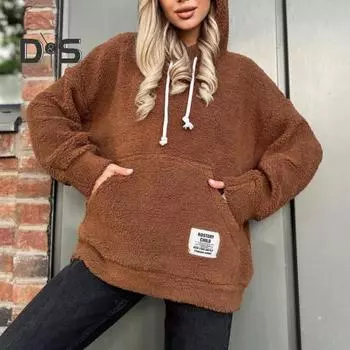 Осень-зима женские толстовки с большим карманом и длинными рукавами пуловер плюшевые топы модные однотонные пальто с капюшоном на шнурке повседневная женская толстовка XL чёрный