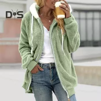 Осень-зима женские толстовки с длинным рукавом на молнии однотонная куртка теплое плюшевое пальто с капюшоном удобная повседневная одежда женская уличная одежда L темно-серого