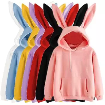 Осень-зима женские толстовки с капюшоном Kawaii Rabbit Ears Fashion Hoody Casual Colors Solid Color Теплая толстовка с капюшоном для женщин XXL белый