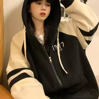 Осень-зима Женские толстовки с капюшоном на молнии с длинным рукавом, свободные, черные, повседневные, с капюшоном на молнии, в стиле пэчворк S чёрный
