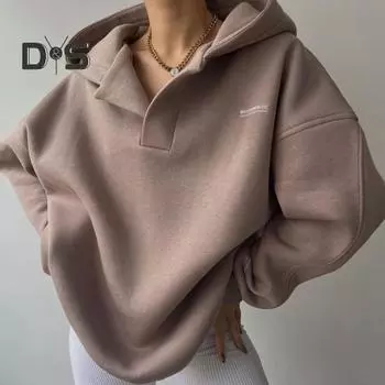 Осень-зима Женские толстовки с капюшоном V-образным вырезом Длинные рукава Пуловеры Топы Модные однотонные спортивные пальто с капюшоном Повседневная свободная толстовка Женская уличная одежда XL серый