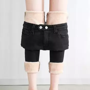 Осень-зима женские толстые бархатные теплые узкие джинсы простые флисовые теплые облегающие эластичные женские повседневные джинсовые брюки-карандаш 32 чёрный