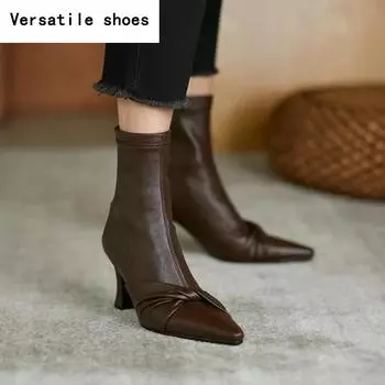 Осень-зима женские тонкие ботильоны модные элегантные туфли с острым носком на высоком каблуке женские короткие ботильоны Morder 35