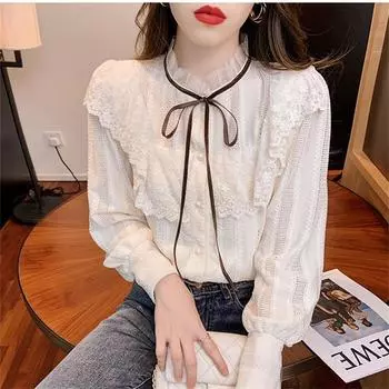 Осень-зима женские топы и блузки 2022 хлопковая блузка на пуговицах с однотонным воротником-стойкой женские кружевные топы женские рубашки Blusas Feminine S абрикосовый