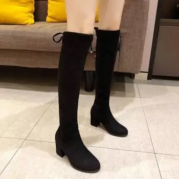 Осень-зима Женские туфли-лодочки Ботинки Высококачественные модные европейские туфли на шнуровке PU Высокие каблуки Быстрая доставка Длинные бочонки 35 чёрный