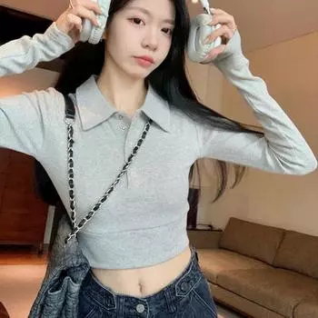 Осень-зима Женские утепленные футболки Harajuku с длинным рукавом и воротником-поло, однотонные, повседневные, тонкие, на пуговицах, укороченные топы Y2k, уличная одежда M