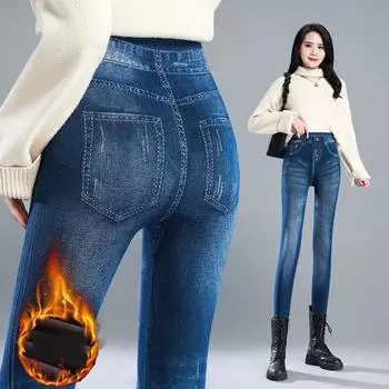 Осень-зима женские утолщенные брюки-карандаш узкие брюки с высокой талией узкие плюшевые джинсы из искусственного денима супер теплые бархатные женские леггинсы синий
