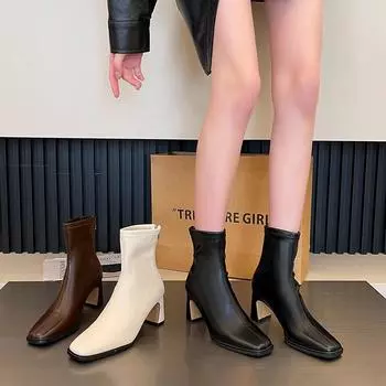 Осень-зима женские утягивающие короткие сапоги модные квадратные туфли на высоком каблуке с молнией сзади новые женские ботильоны 35