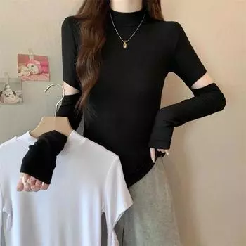 Осень, зима, женские узкие футболки с высоким воротником, длинные рукава, укороченные свитера, однотонные утолщенные топы, повседневные дырчатые футболки, M
