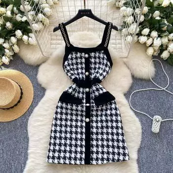 Осень Зима Женские Винтажные Платья Мини с Коротким Рукавом на Цепочках-Спагетти Гусиная Лапка Твид S