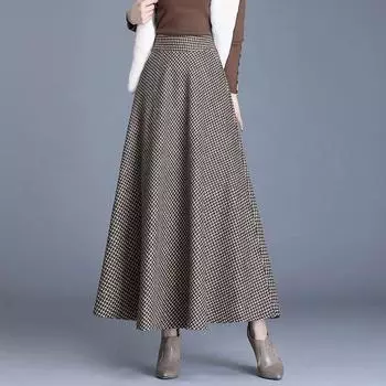 Осень-зима женские винтажные клетчатые юбки женские с высокой талией теплая плиссированная юбка А-силуэта офисная элегантная макси-юбка женская XXXL темно серый