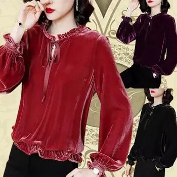 Осень-зима женские винтажные однотонные теплые футболки для женщин, свободные повседневные топы со шнуровкой, универсальные футболки из золотистого бархата M чёрный