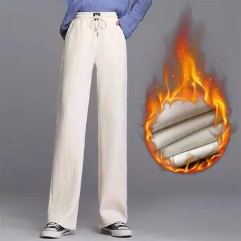 Осень-зима женские винтажные широкие брюки с высокой талией элегантные утолщенные теплые свободные качественные уличные вельветовые свободные брюки S чёрный