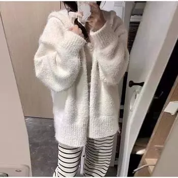 Осень-зима женские вязаные кардиганы с меховым капюшоном и длинным рукавом на молнии свободная вязаная верхняя одежда белый