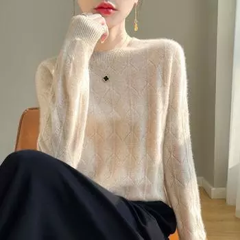 Осень-зима женские вязаные свитера с круглым вырезом, ажурный пуловер, свитер, трикотаж, длинный рукав, однотонные простые свитера XXL зелёный