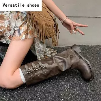 Осень-зима женские высокие сапоги рыцаря без застежек на толстом каблуке брюки длинные ботильоны в стиле ретро женская обувь Botas De Mujer 35