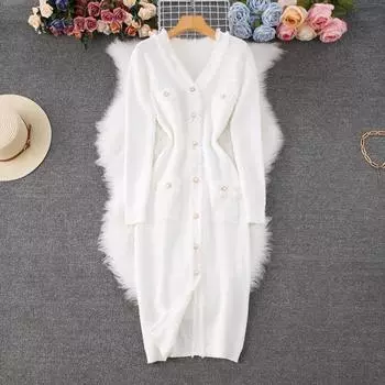 Осень-зима Женский элегантный трикотажный свитер с V-образным вырезом для офиса, облегающие платья-футляры с карманом One Size белый