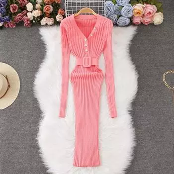 Осень-зима Женский элегантный V-образный вырез вязаный свитер офисная работа облегающие платья-футляры с поясом One Size розовый
