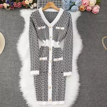 Осень-зима Женский элегантный V-образный вырез Дизайнерский принт Вязаный свитер Офисная вечеринка Тонкий облегающий облегающий футляр платья One Size белый