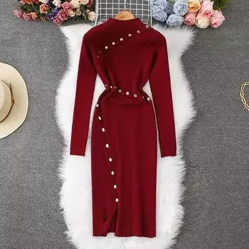 Осень-зима Женский элегантный вязаный свитер для офиса, облегающий, с разрезом, пуловер, платья One Size хаки