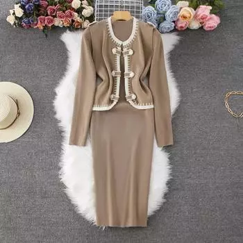 Осень-зима Женский элегантный вязаный свитер из двух частей, комплект кардиганов, жилет и платья-футляры с длинными рукавами, наряды One Size хаки