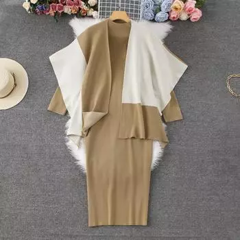 Осень-зима Женский элегантный вязаный свитер из двух частей, накидка, шали, пальто и платья-футляры с длинным рукавом, наряды One Size белый