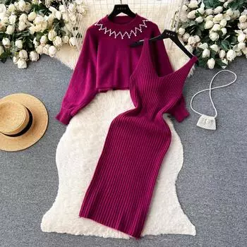 Осень-зима женский элегантный вязаный свитер комплект из двух предметов женский тонкий облегающее платье-футляр и пуловер с бисером топы костюм One Size чёрный