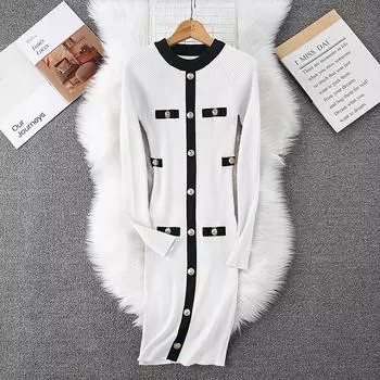 Осень-зима Женский элегантный вязаный свитер с круглым вырезом, облегающий облегающий свитер, платья-пуловеры One Size белый