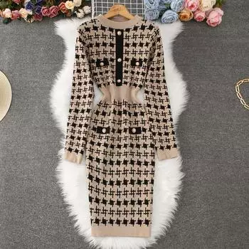 Осень-зима Женский элегантный вязаный свитер с узором «гусиная лапка» для офиса, облегающие платья-футляры One Size синий