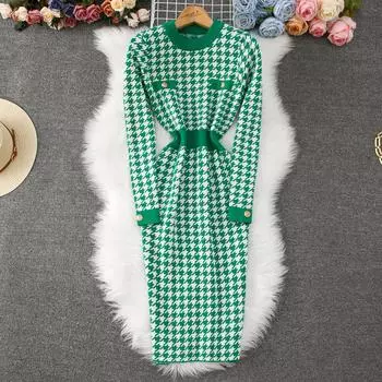 Осень-зима Женский элегантный вязаный свитер с круглым вырезом и узором «гусиная лапка» для офиса, облегающие платья-футляры One Size хаки