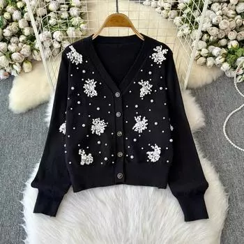 Осень-зима Женский дизайнерский роскошный бисерный цветок однобортный вязаный свитер пальто куртка One Size чёрный