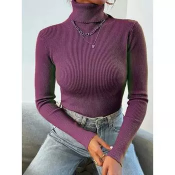 Осень-зима женский длинный рукав трикотажный отложной воротник водолазка ребристый свитер мягкий теплый женский джемпер пуловер одежда M чёрный