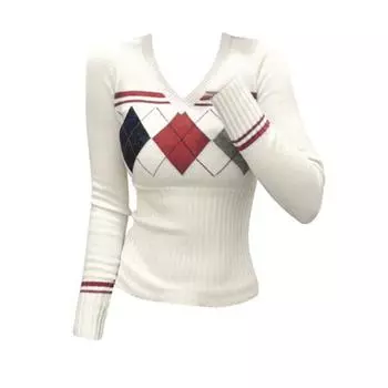 Осень-зима женский французский модный винтажный кокетливый свитер с v-образным вырезом и длинным рукавом Gyaru трикотажные изделия пуловеры контрастного цвета трикотажные изделия S белый
