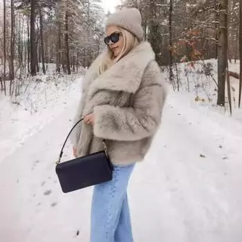 Осень-зима Женский кардиган Пальто Искусственный мех Утолщенный плюш Отложной воротник Чистый цвет Длинные рукава Однотонный кардиган Куртка S чёрный