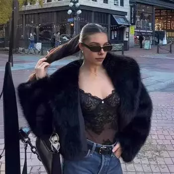 Осень-зима Женский кардиган Пальто Искусственный мех Утолщенный плюш Отложной воротник Чистый цвет Длинные рукава Однотонный кардиган Куртка L чёрный